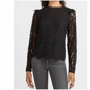 Express Black Scalloped Lace Hem Long Sleeve Blouse Size XS